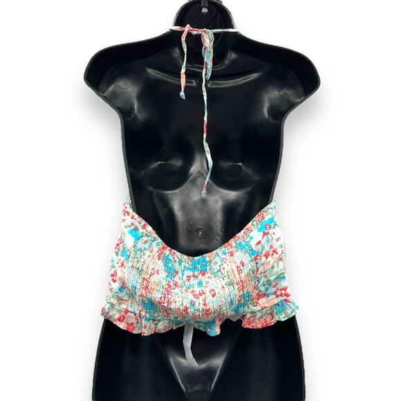 American Eagle White Multicolor Smocked Halter Neck Crop Top Sz L‎ NEW - Picture 2 of 7